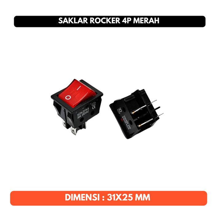 Saklar Power On Off 31 mm x 25 31mm x 25mm mm Rocker Switch dengan 4 kaki Merah