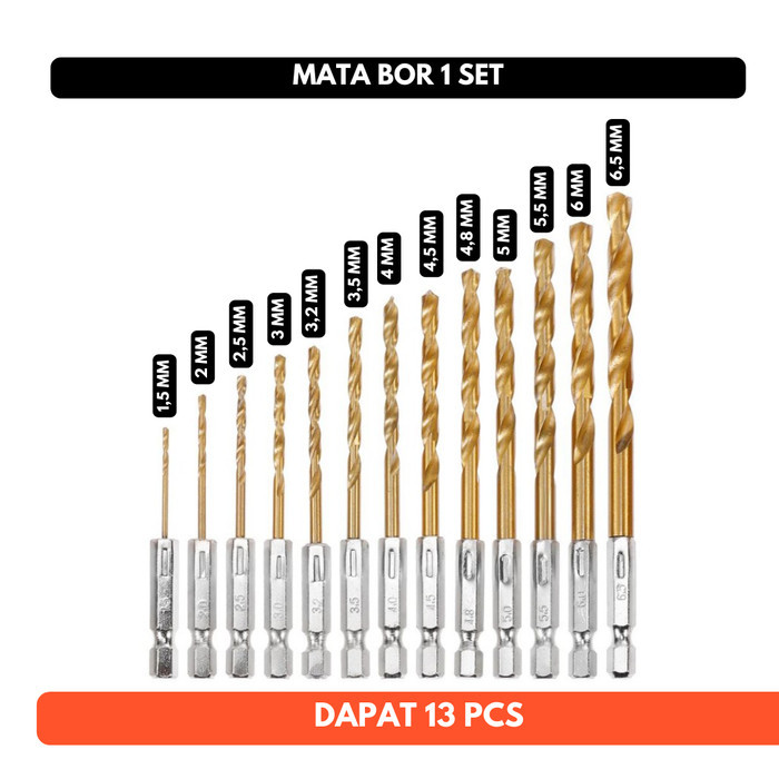 Mata Bor 1 Set Power Drill Steel Titanium Hex Shank 13 PCS 1.5mm 2mm 2.5mm 3mm 3.2mm 3.5mm 4mm 4.5mm 4.8mm 5mm 5.5mm 6mm 6.5mm