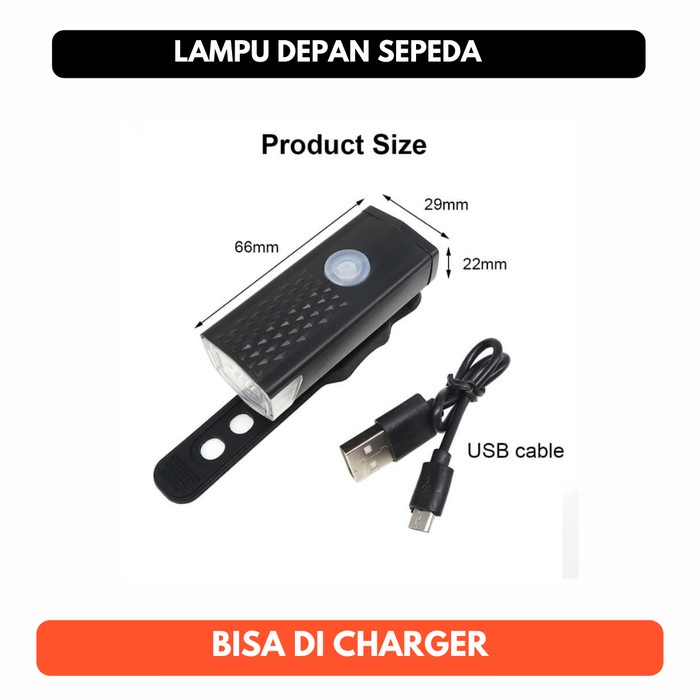 Lampu Depan Sepeda USB LED 300LM Battery Recharge Charger Waterproof