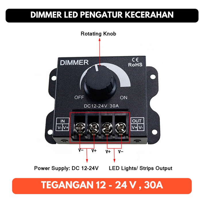 Dimmer 30A 30 A Led Lampu 12V - 24V 12 Volt 24 Volt Kecerahan Cerah
