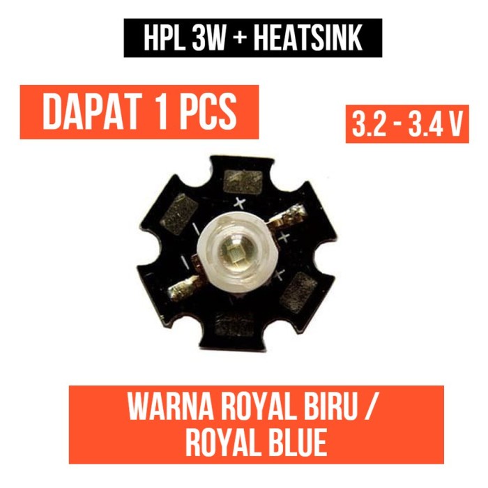 Lampu HPL 3W Royal Blue Biru Heatsink High Power LED 3 Watt W Star