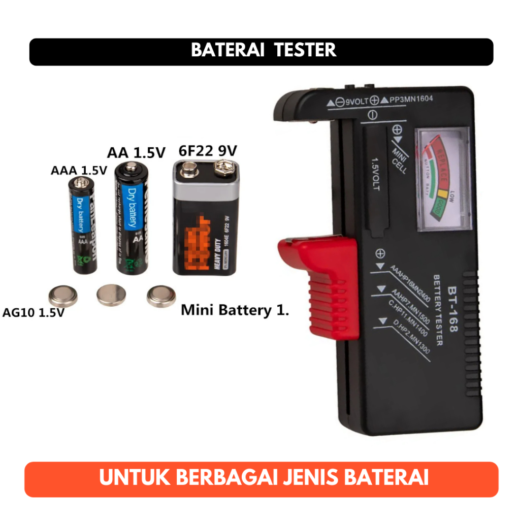 Baterai Tester 1.5V dan 9V AA AAA Kotak LR44 Volt Meter Ukur Jenis BT-168