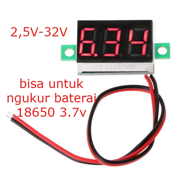 Voltmeter Volt Meter Digital 2.5-32V DC 2 Kabel 0.36 Merah 18650