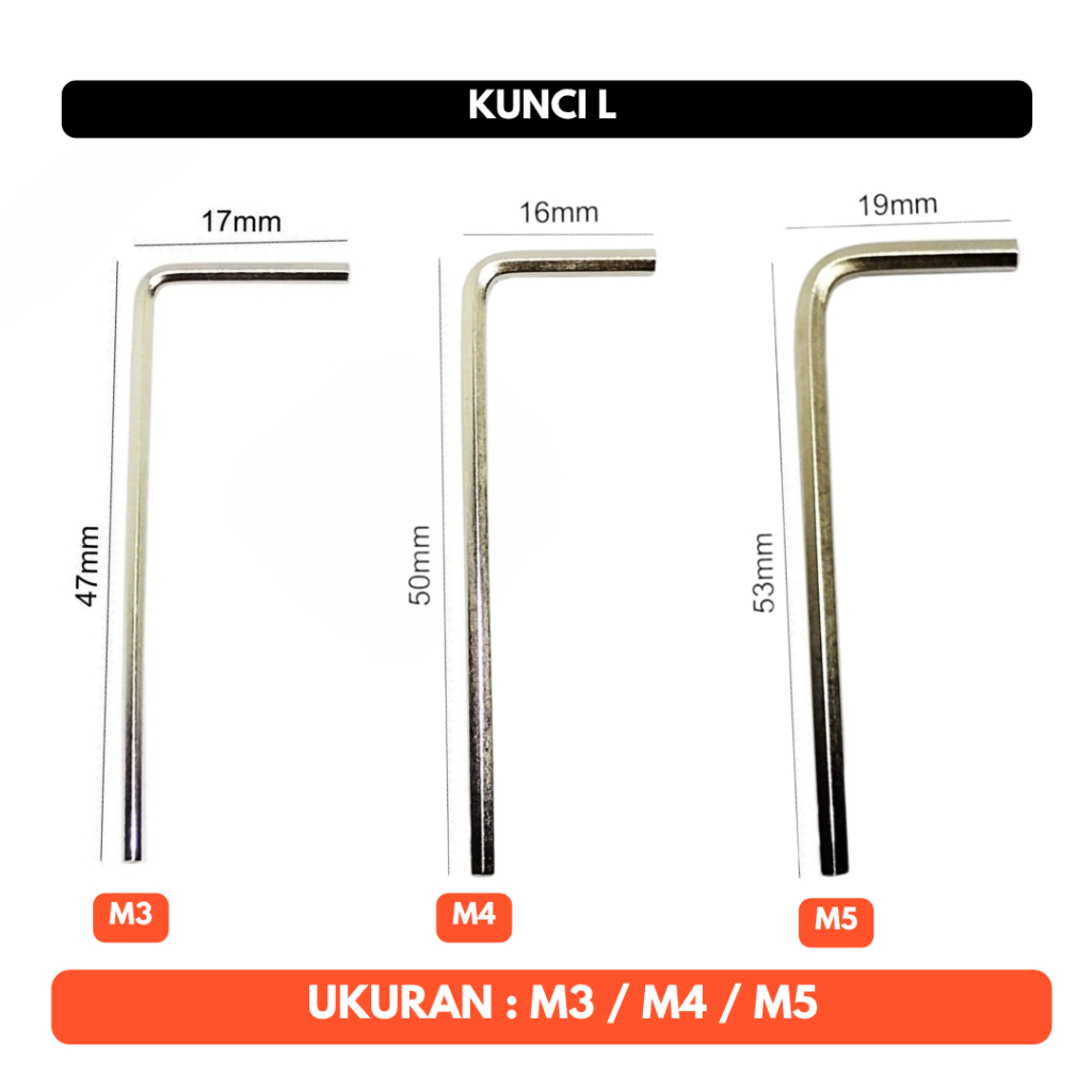 Kunci L M3 M4 M5 Hexagonal Kecil / Hex Key Wrench Baut L Tanam M3 / M4 / M5