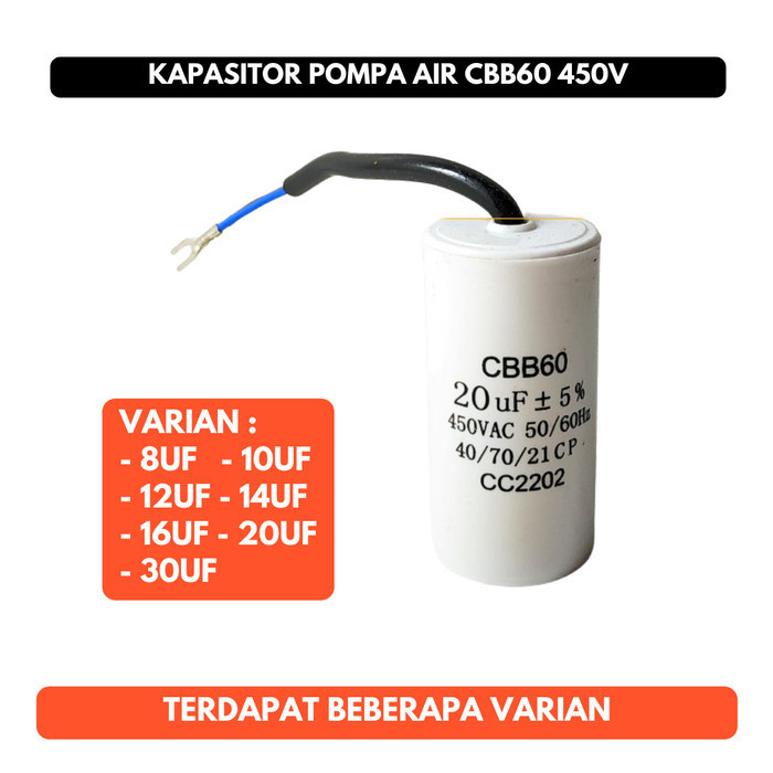 Kapasitor Pompa Air CBB60 Capacitor 450V AC Body Bulat Tabung 8uf 10uf 12uf 14uf 6uf 20uf 30uf