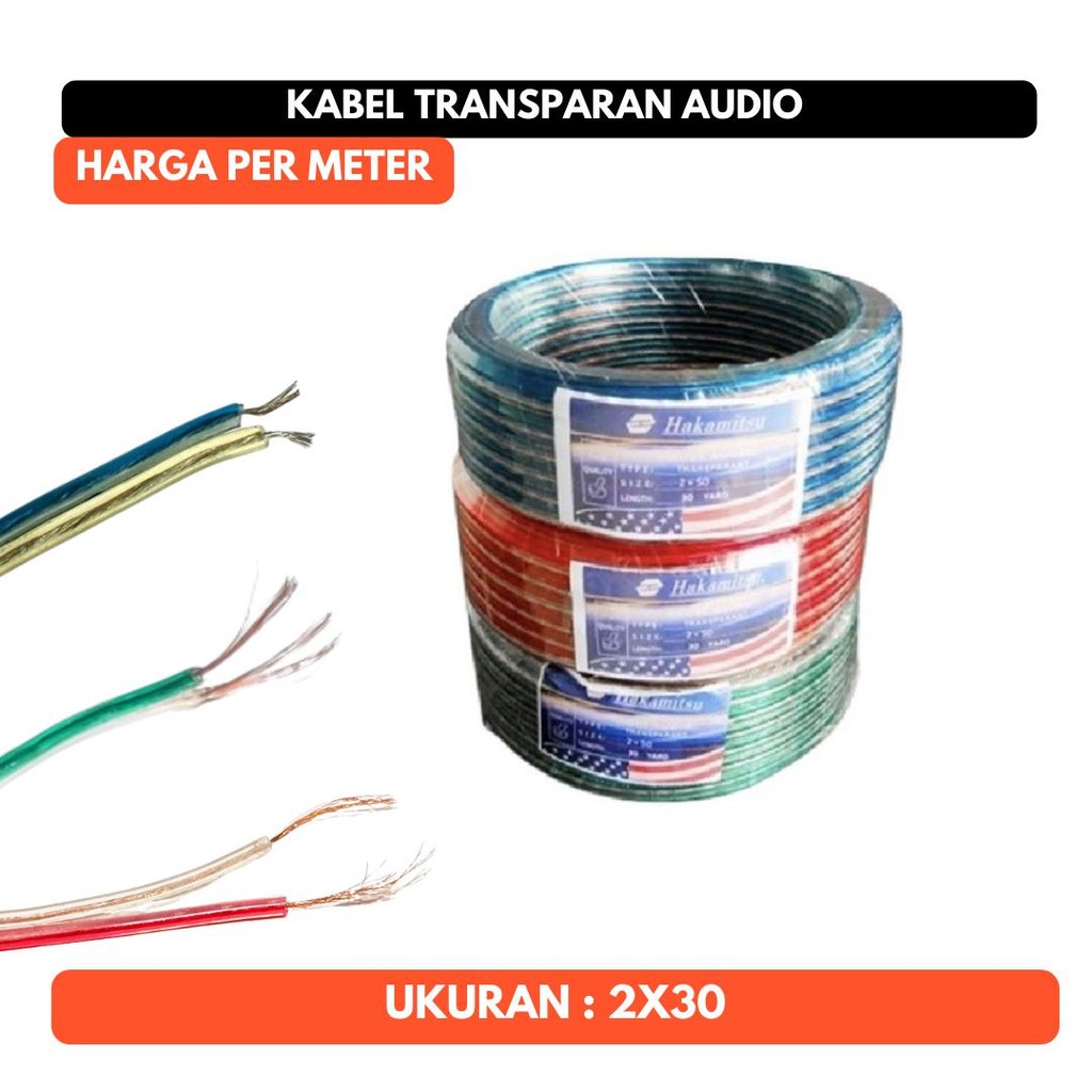 Kabel Audio Monster Serabut Transparan Bening 2x30 Per Meter Merah Hijau Biru