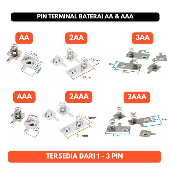 Pin Terminal Baterai AA AAA A2 A3 Plat Terminal PCB 1P 2P 3P 1 2 3 Pin