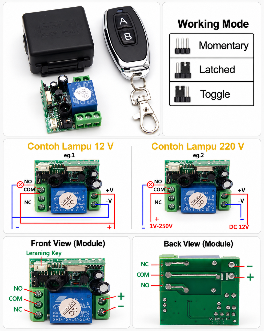 RF433 Wireless Relay Switch 1CH 12V dengan Remote Control