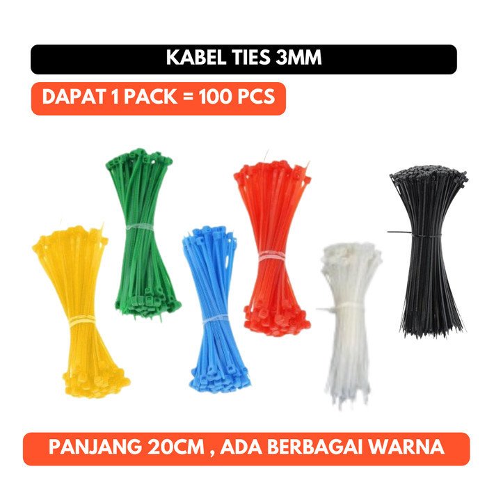 Kabel Ties 3mm 20cm Cable 100Pcs Merah Kuning Hijau Biru Putih Hitam