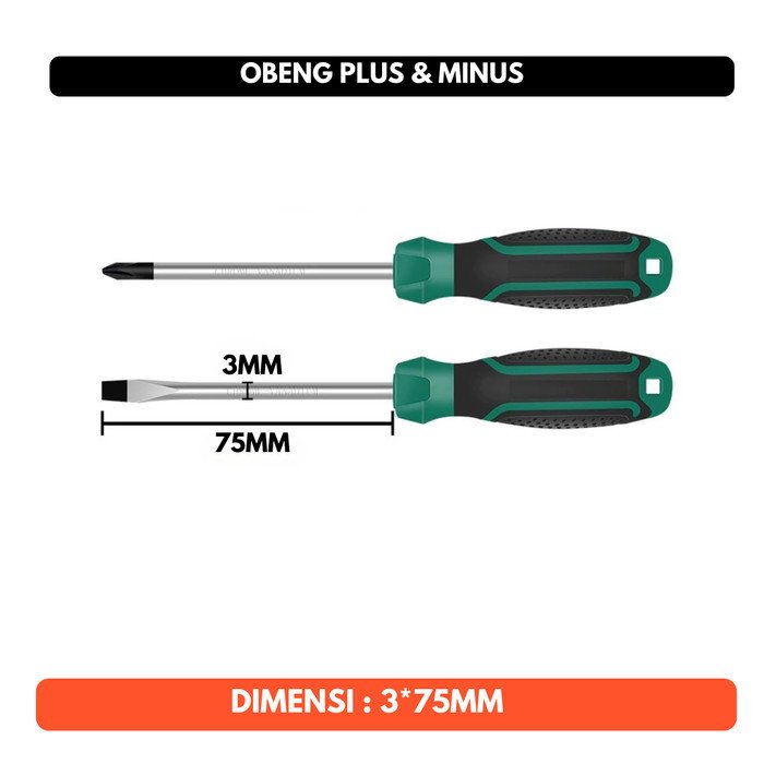 Obeng Plus Minus Magnet Screw Baut Perkakas Panjang 75mm Diameter 3mm Kembang Garis