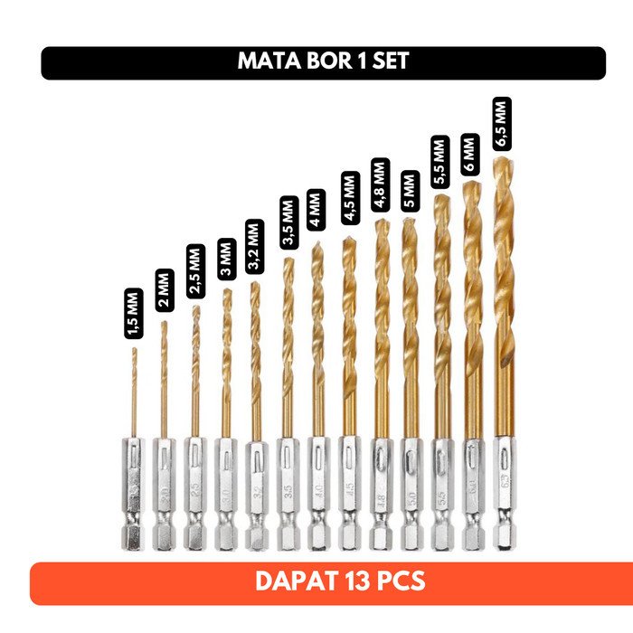 Mata Bor 1 Set Power Drill Steel Titanium Hex Shank 13 PCS 1.5mm 2mm 2.5mm 3mm 3.2mm 3.5mm 4mm 4.5mm 4.8mm 5mm 5.5mm 6mm 6.5mm