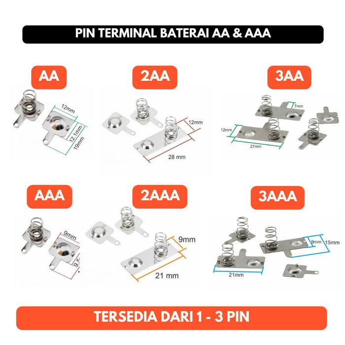 Pin Terminal Baterai AA AAA A2 A3 Plat Terminal PCB 1P 2P 3P 1 2 3 Pin