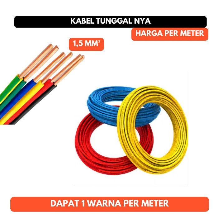 Kabel Listrik Tunggal Tembaga 1.5mm 1.5 1,5 mm NYA Hakamitsu PVC Merah Hitam Biru Kuning