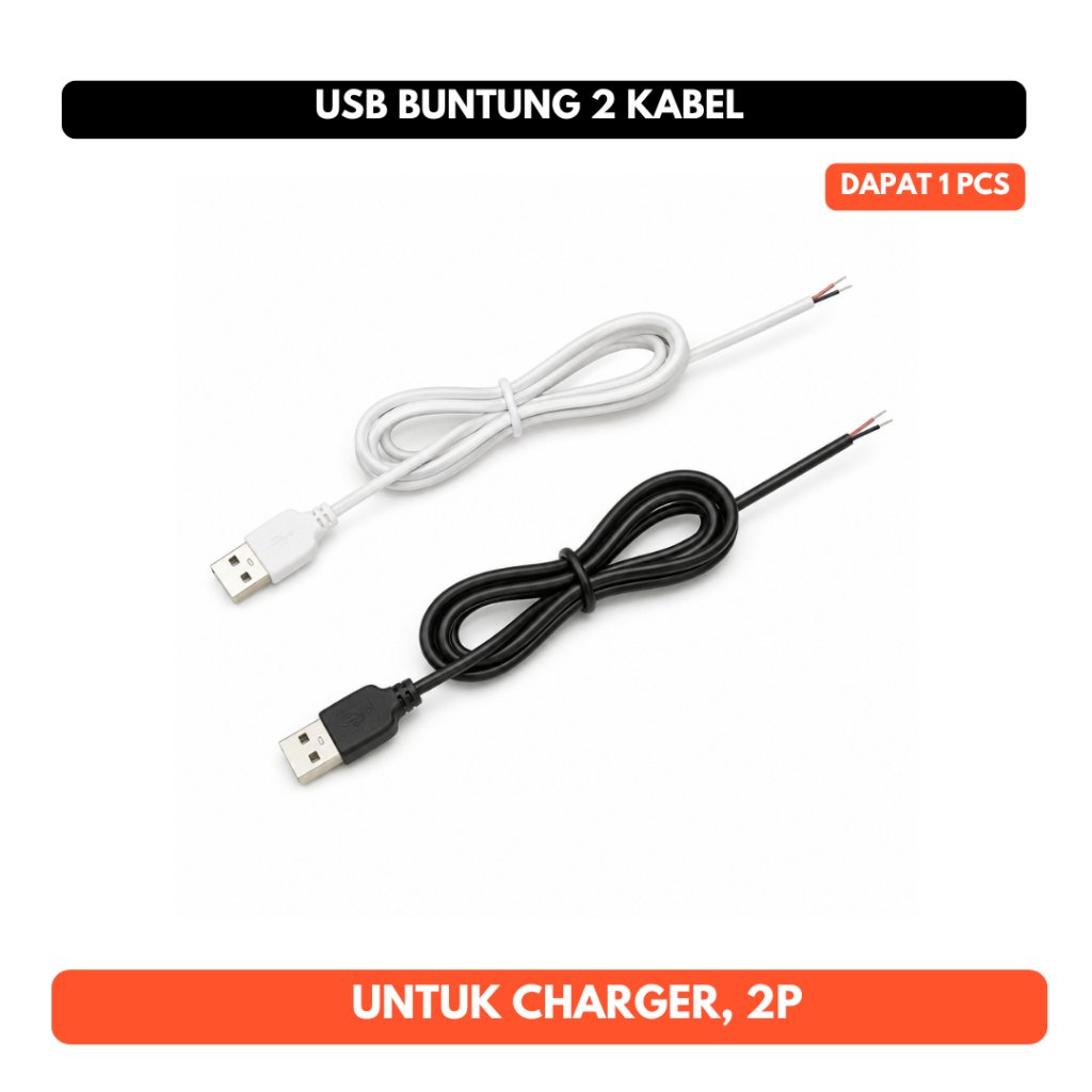 Kabel USB Buntung Male 2P 2 Pin untuk Charger Adaptor DIY | Kabel Power USB 2 Jalur